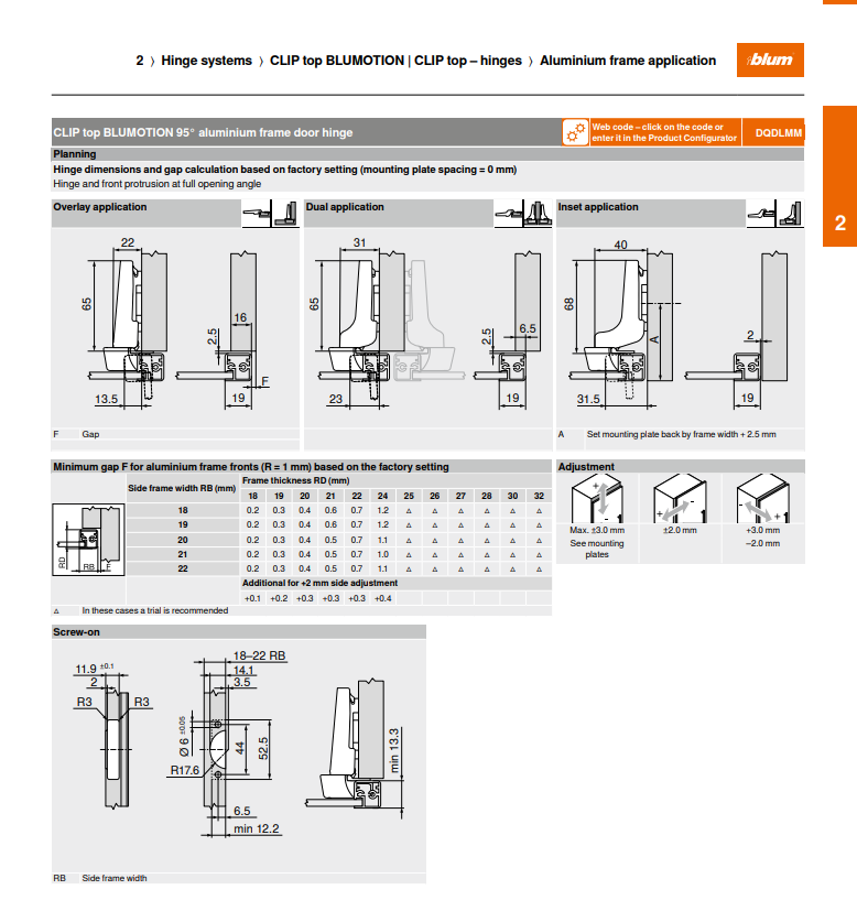 Blum CLIP top Hinge 95° Alu Frame - Overlay 71T950A custom image